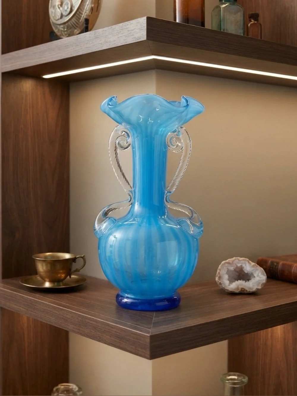 Vintage 1950s 6 inch hand blown glass blue vase with double handles